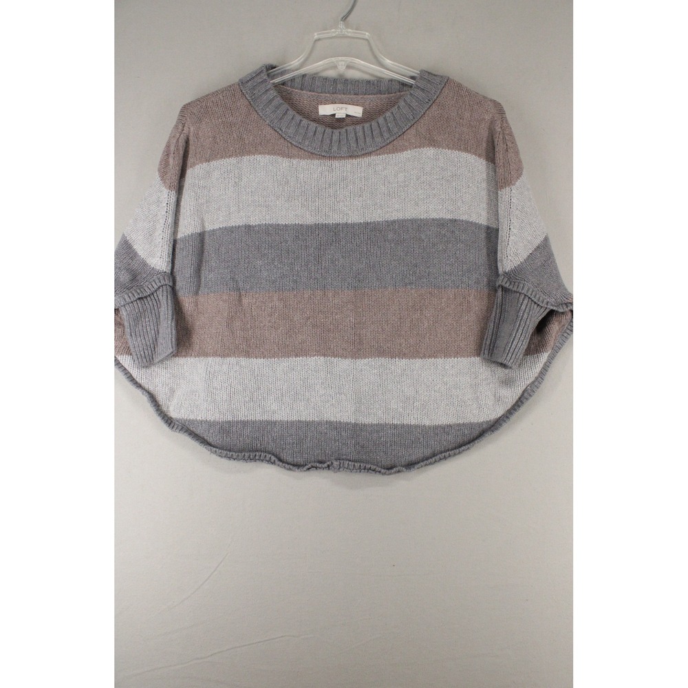LOFT Striped Poncho Sweater Womens MP Grey Wool Blend Dolman Sleeve Minimalist